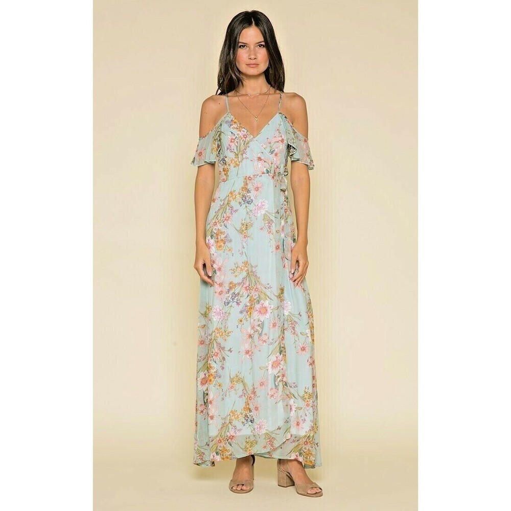 Raga Morning Bloom Floral Long Wrap Dress Large Multicolor Cold Shoulder Lined